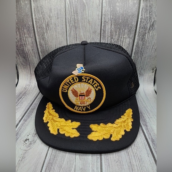 VINTAGE USA NAVY Snapback Patch Mesh Trucker Gold Leaf Cap Hat Adjustable - Picture 1 of 4